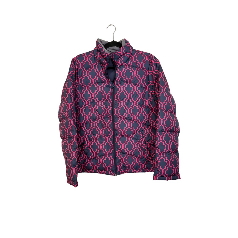 Lands' End Girls Puffer Jacket Navy Pink Quatrefoil Down Insulated M 10-12